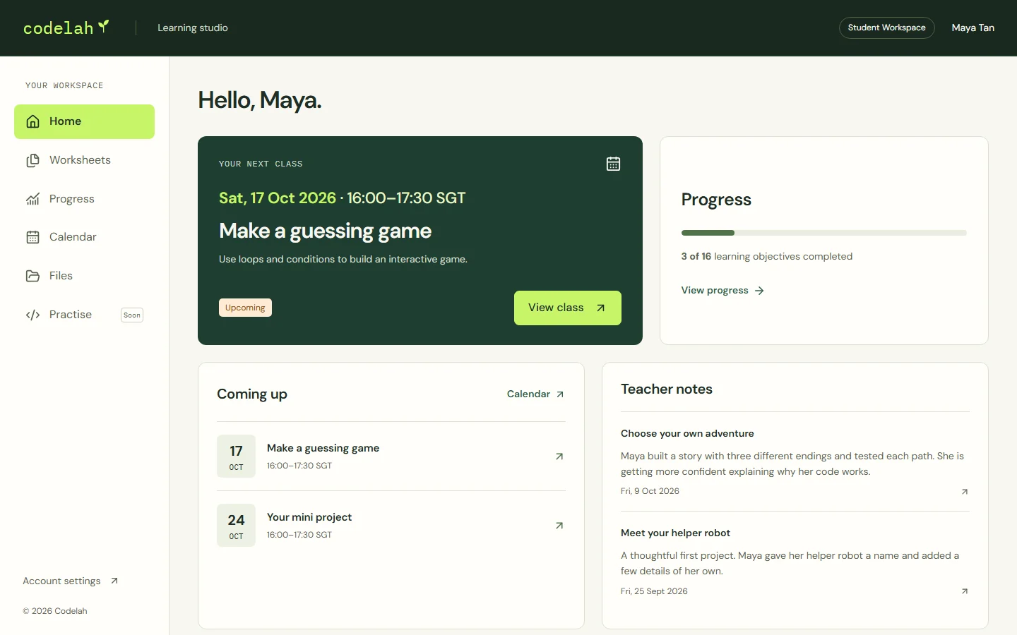 Classes view of the Codelah platform on a computer: class starts from their own login.