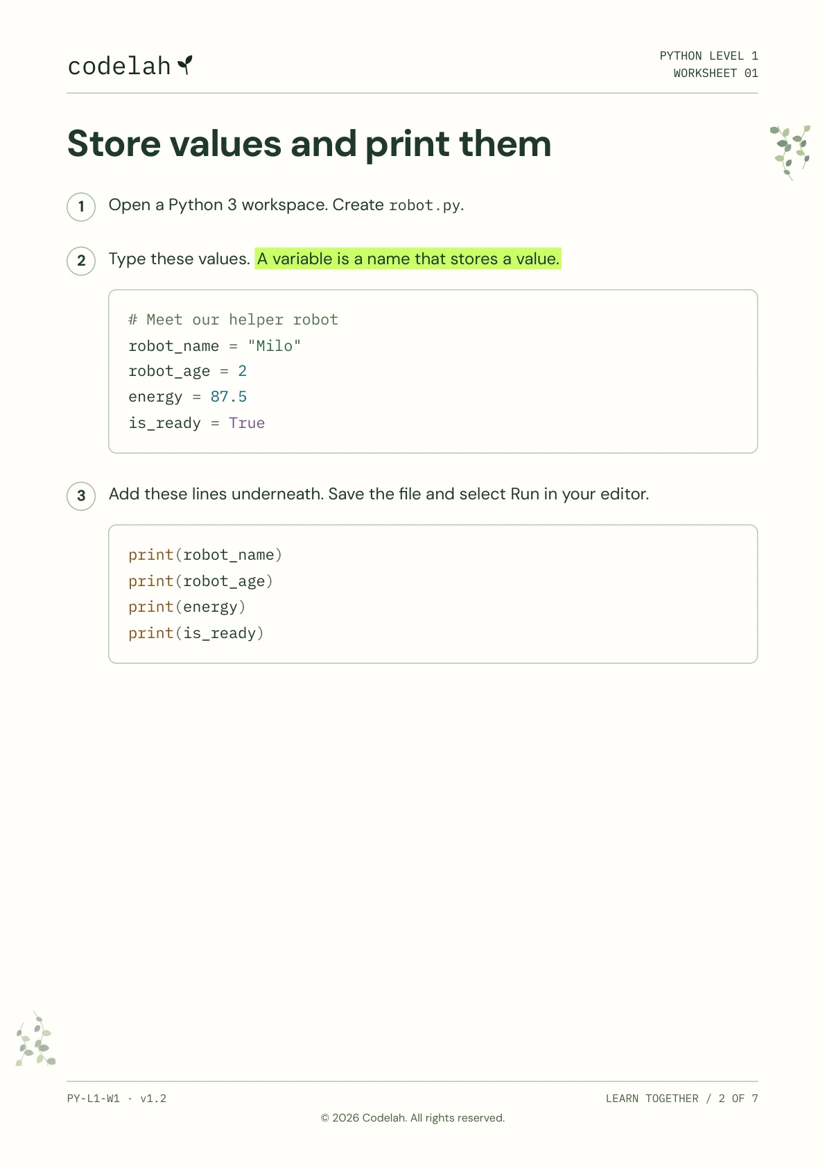 Print text and use variables, page 2 of 7