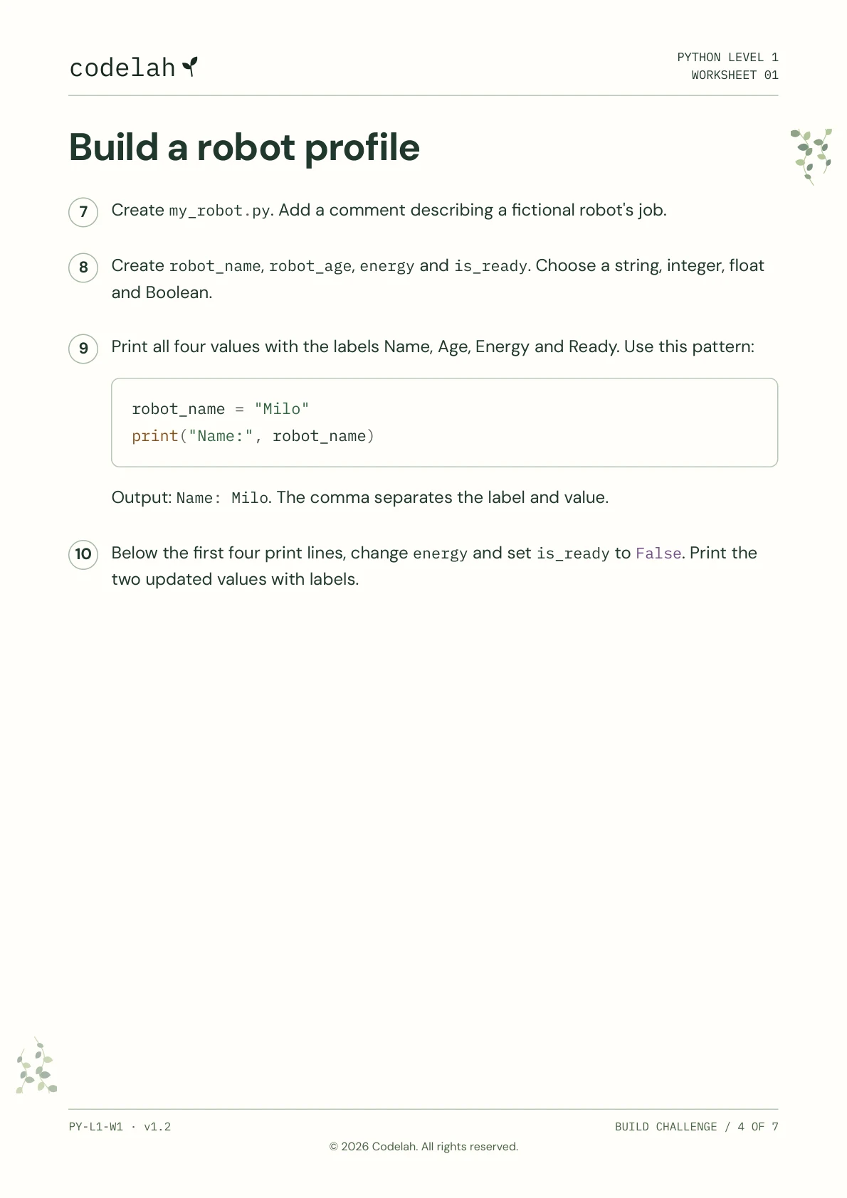 Print text and use variables, page 4 of 7