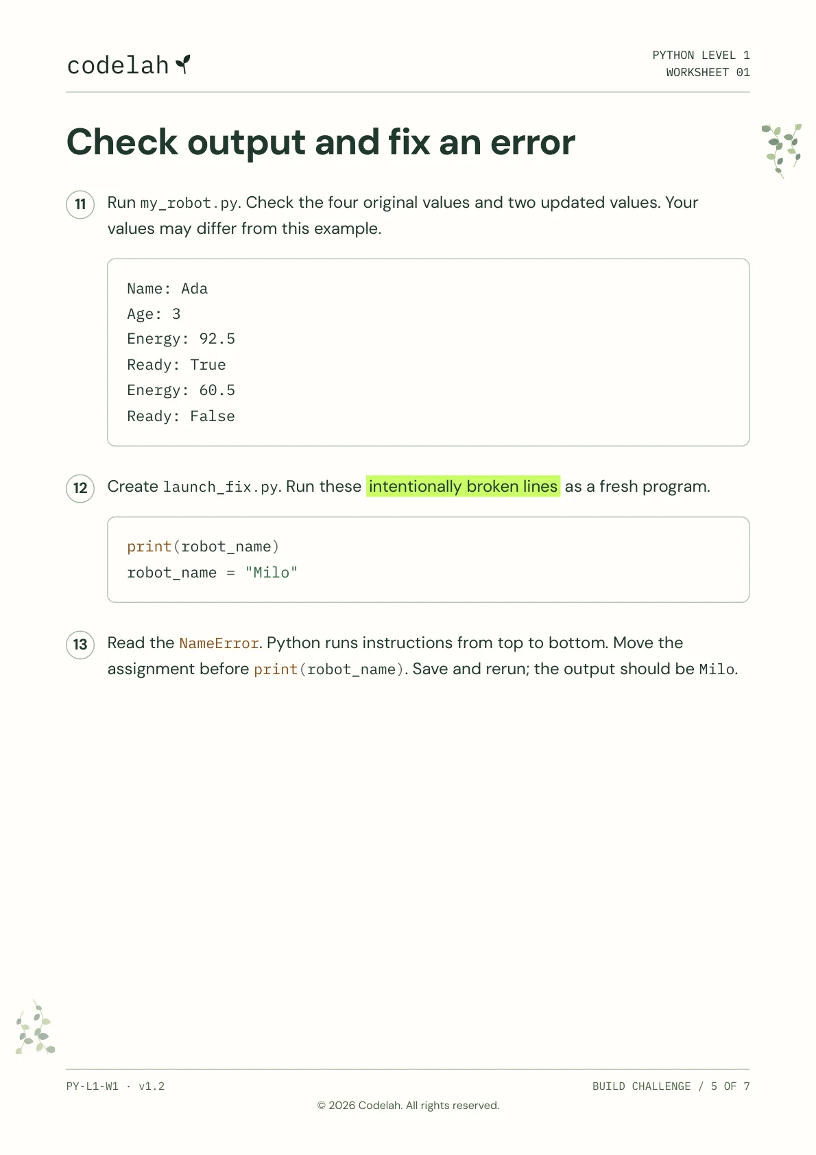 Print text and use variables, page 5 of 7