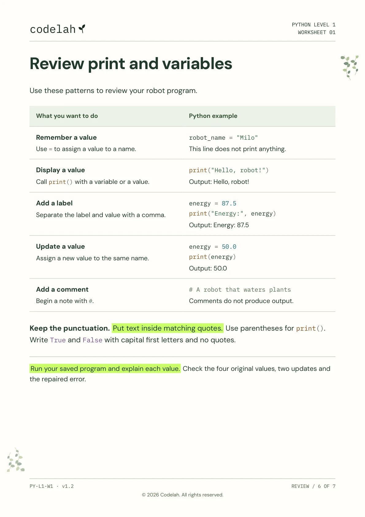 Print text and use variables, page 6 of 7